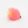 Pink fluffy fishing lure with a yellow underside and small hook at the end.