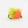 Bright two-tone fishing lure with neon yellow and orange marabou feathers on a dark hook.