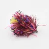 Colorful metallic tinsel pom-pom with pink, purple, and blue strands on a small ring-like base.