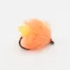 Orange fluffy fishing fly with a curved hook, used as a lure in fishing