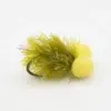 Yellow jig fishing lure with tinsel fringe and two yellow foam beads, close-up detail.