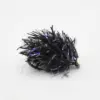 Black tinsel fishing jig with purple-tinged strands and a small hook at one end.