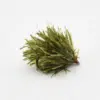 Green jig fishing lure with a shaggy olive skirt and a red head on a white background