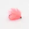 Pink feathered fishing lure with a small hook, used for trout fishing.