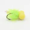 Neon lime green feathered fishing lure with two yellow fuzzy balls