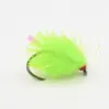 Neon green feathered fishing lure with a small hook at the end (fly fishing lure).