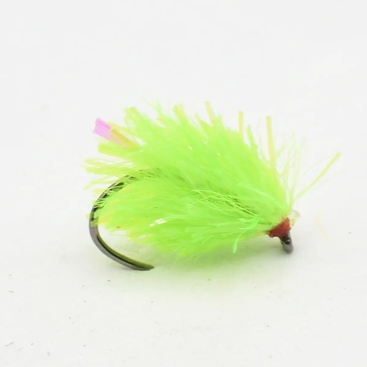 Neon green feathered fishing lure with a small hook at the end (fly fishing lure).