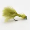 Olive-yellow fluffy fly fishing lure with a curved metal hook, shown from the side.