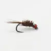 Close-up of a fishing fly lure: dark brown feather body tied to a small hook with a red wrapped head and iridescent accents
