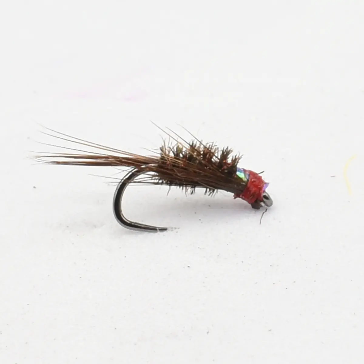 Close-up of a fishing fly lure: dark brown feather body tied to a small hook with a red wrapped head and iridescent accents