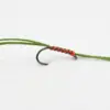 Close-up of a fishing hook wrapped with red and green thread tied to a green line