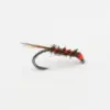 Red bead-headed fishing fly with a black, hairy body mounted on a curved metal hook for fly fishing