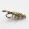 Close-up of a fishing fly lure with a metallic-green segmented body, brown hackle tail, and a red bead head.