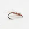 Artificial fishing fly lure with red thread wraps and brownish feather, mounted on a hook for trout fishing