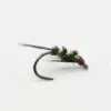 Metallic green bead-headed fishing fly tied with dark hackle on a curved hook, used for fly fishing
