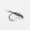 Fishing fly lure: black, feathered body tied around a curved hook with a tail of barbs.