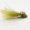 Artificial fishing fly lure with a fluffy yellow-green tail and iridescent strands, used for fly fishing.