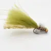 Orange-yellow olive dry fishing fly with feather tail and hackle, used for trout fishing on a white background.
