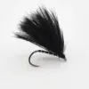 Black artificial fly fishing lure with a fluffy feather hackle tied to a curved hook, used for fly fishing