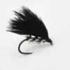 Black feathered fishing fly tied to a curved hook, used as an artificial lure for fly fishing.