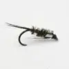Close-up of a fly fishing lure: a small hook with an olive-green, fuzzy body and feather tail used to imitate insects.