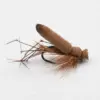 Brown fishing fly lure with a foam body and brown feathered hackle on a black hook (close-up).