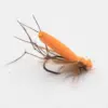 Orange fuzzy fly fishing lure with a curved hook and brown feather tail, used for trout fishing.