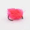 Pink fluffy fishing lure with a sharp curved hook, designed to attract fish