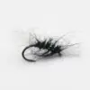 Black fuzzy fishing fly with a curved hook and green bead accents along the body