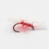 Red marabou-style fishing fly with a bead-headed body on a curved hook, shown against a white background.