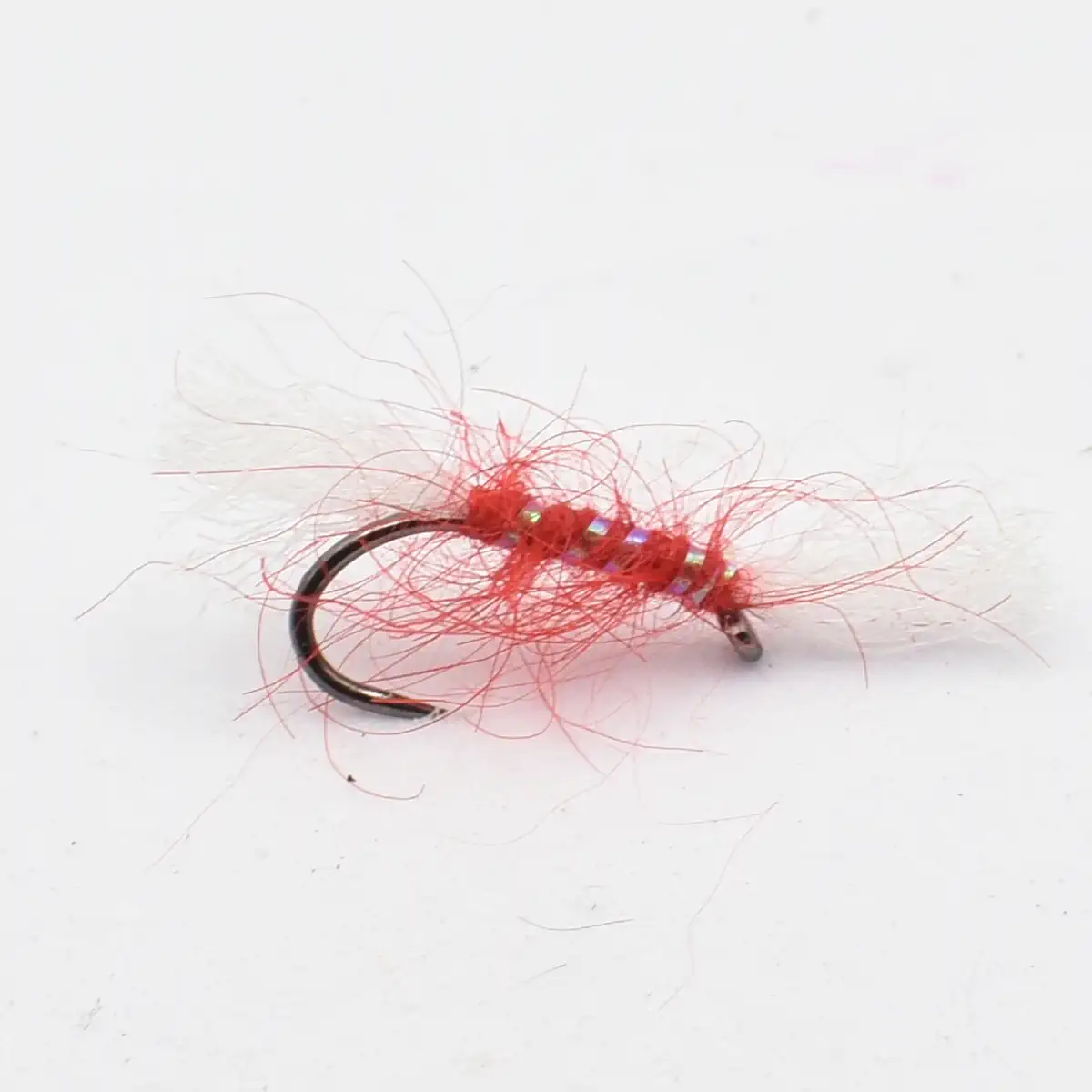 Red marabou-style fishing fly with a bead-headed body on a curved hook, shown against a white background.