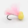 Pink feathered fly fishing lure with a yellow foam bead on a curved hook