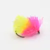 Bright pink and yellow feathered fishing lure with a dark hook at the base. Used to attract fish.