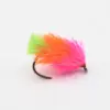 Colorful fishing fly with neon pink, orange, and lime feathers on a curved hook.