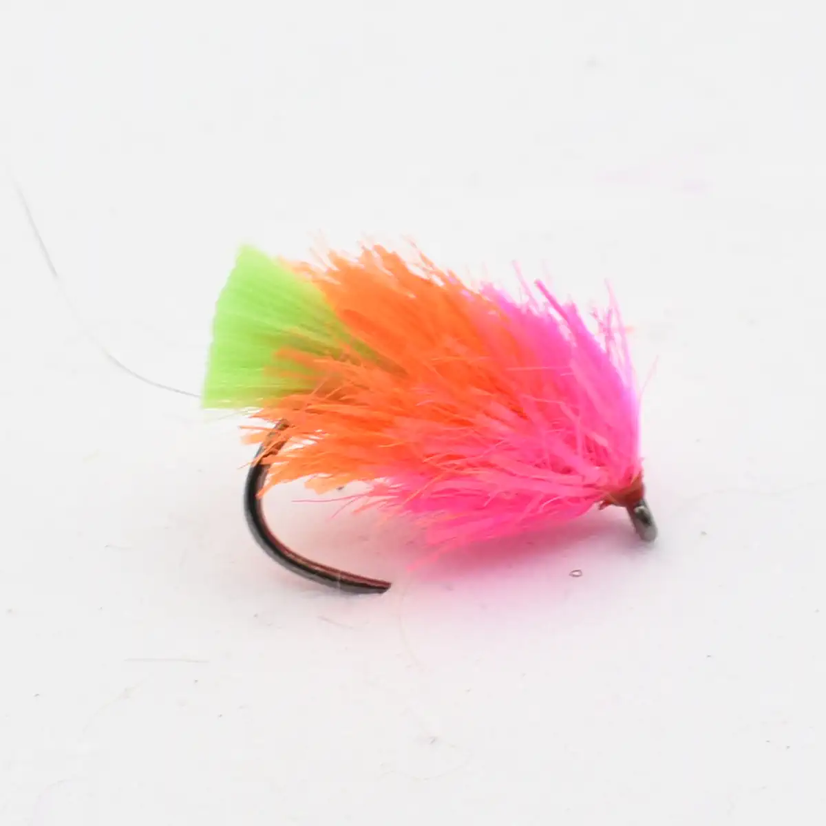Colorful fishing fly with neon pink, orange, and lime feathers on a curved hook.