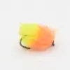 Bright yellow and orange feather fishing fly on a curved hook, used for fly fishing.