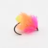 Colorful fishing fly with pink, orange, and yellow feathers on a curved hook.
