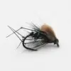 Fly fishing lure with black body, brown hackle, and a small iridescent green bead on a curved hook