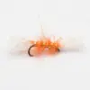 Orange fluffy fishing fly lure with metallic beads and a curved hook, used for fly fishing