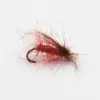 Red woolly fishing fly with red hackle on a curved hook, used as a lure in fly fishing