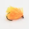 Orange feathered fishing fly lure tied to a dark hook with red thread.