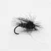 Black, hairy fishing fly with a curved hook, used as a lure in fly fishing