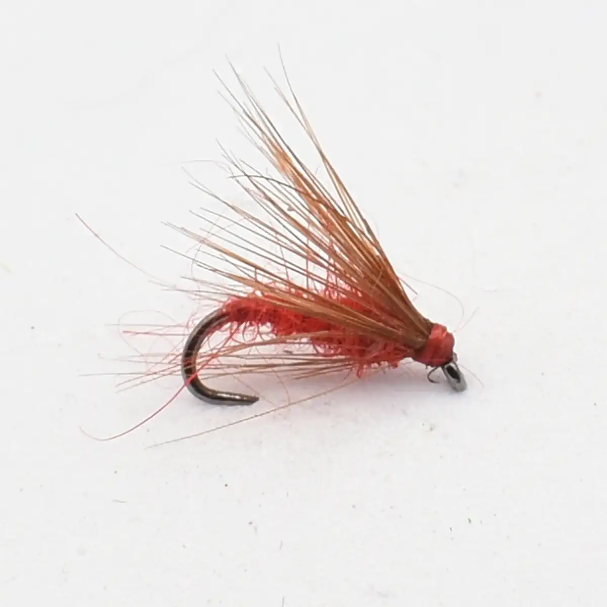 Red hackle fishing fly tied on a curved hook, used for trout fishing.