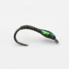 Glow-in-the-dark fishing lure: a curved hook with a small green illuminated capsule inside the body of the lure.