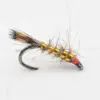 Close-up of a fly fishing lure: curved hook with a segmented yellow body, gray fur, and a red head.