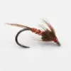 Close-up of a brown/red fishing fly tied on a curved hook, with red thread wraps and brown hackle feathers, used for fly fishing.