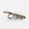 Close-up of a fishing fly (artificial lure) with brown feathers and green thread on a black hook.