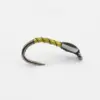 Yellow-wrapped fishing fly on a curved hook, close-up lure used for trout fishing