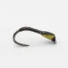 Small fishing hook with a black thread-wrapped body and yellow accents, tied for a lure