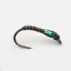 Small curved metal fishing hook with a shiny green wrapped lure on a white background